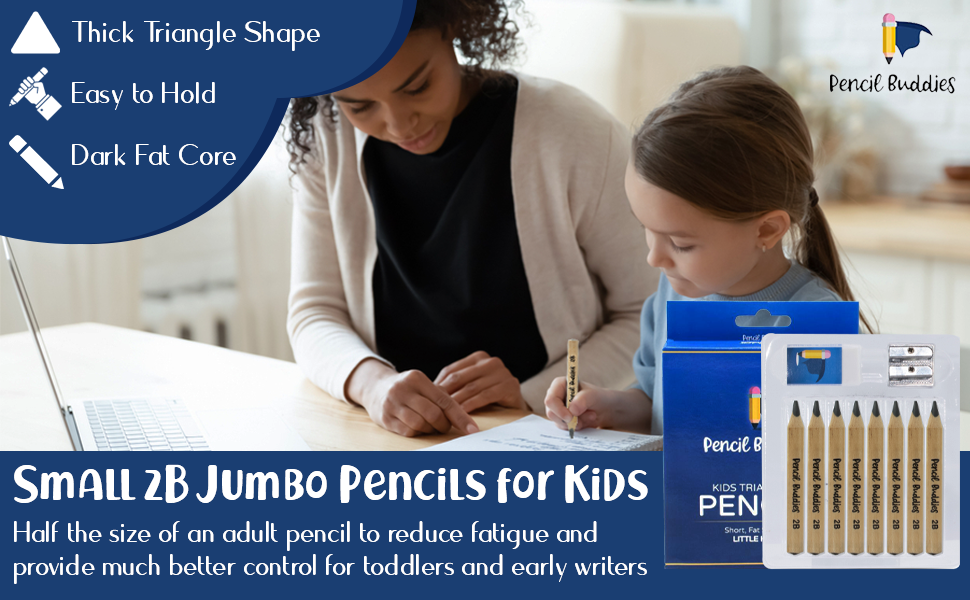 Short & Fat 3.5” Triangular Pencils – 5MM Core + Sharpener + Eraser (Set of 8) Natural Wood