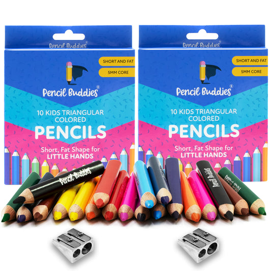 2-Pack Short & Fat 3.5" Triangular Colored Pencils – 5MM Core (20 Total) - Pencil Buddies