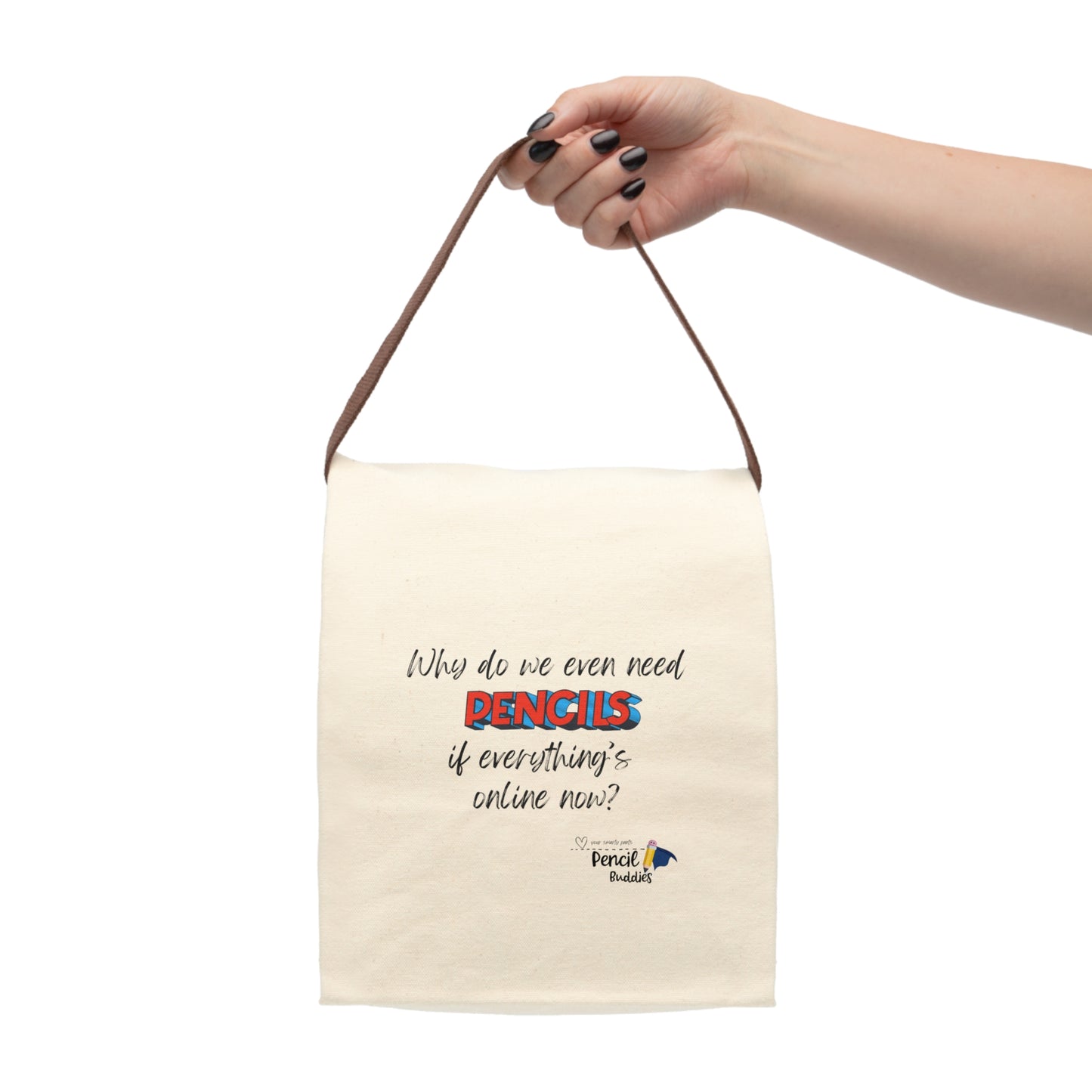Vintage Canvas Lunch Bag - Perfect for Students & Office, 'Why do we even need PENCILS if everything's online now?' - Pencil Buddies