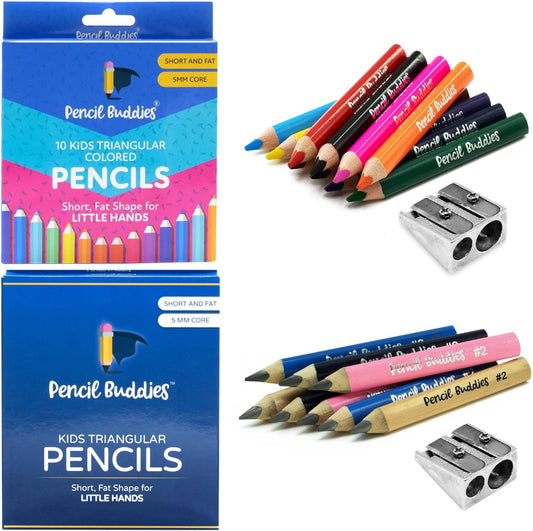 2-Pack Short & Fat 3.5" Triangular Pencils & Colored Pencils – 5MM Core (22 Total) - Pencil Buddies