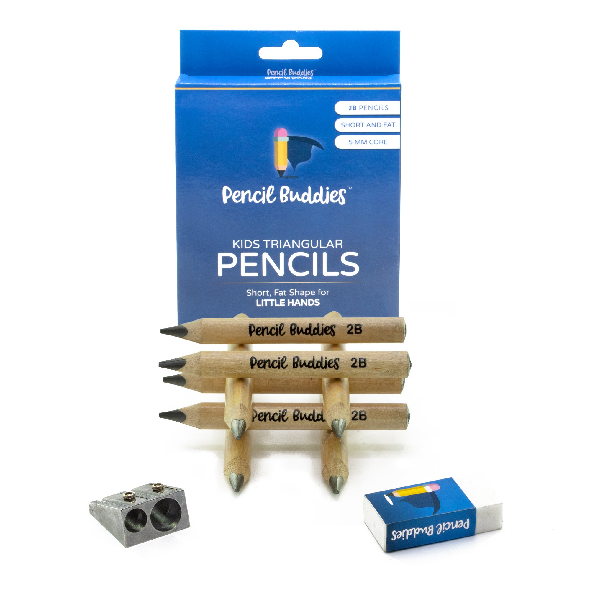 Short & Fat, Triangular Kids Pencils w/ Sharpener & Eraser 3MM Core(Set of 8) Natural Wood - Pencil Buddies
