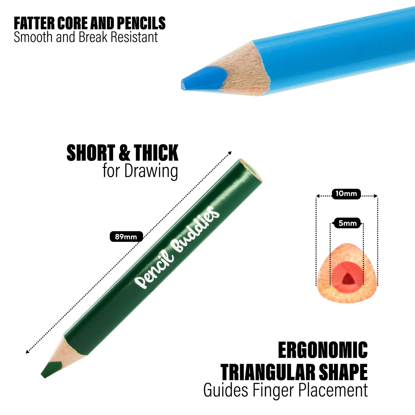 Short Jumbo Triangular Colored Pencils for Kids (Set of 10) – Perfect for Tiny Picassos - Pencil Buddies