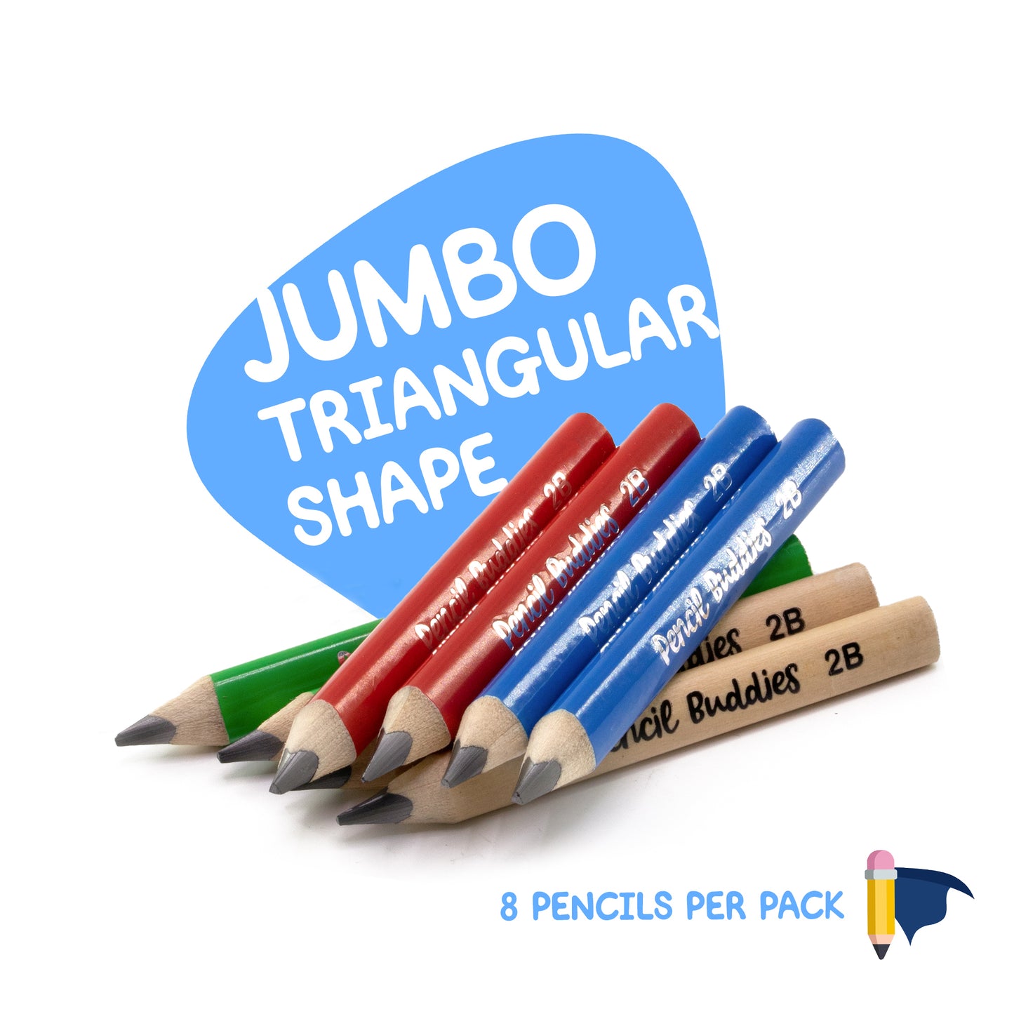 Jumbo Short Triangular Kids Pencils (Set of 8) Multi-Color - Pencil Buddies