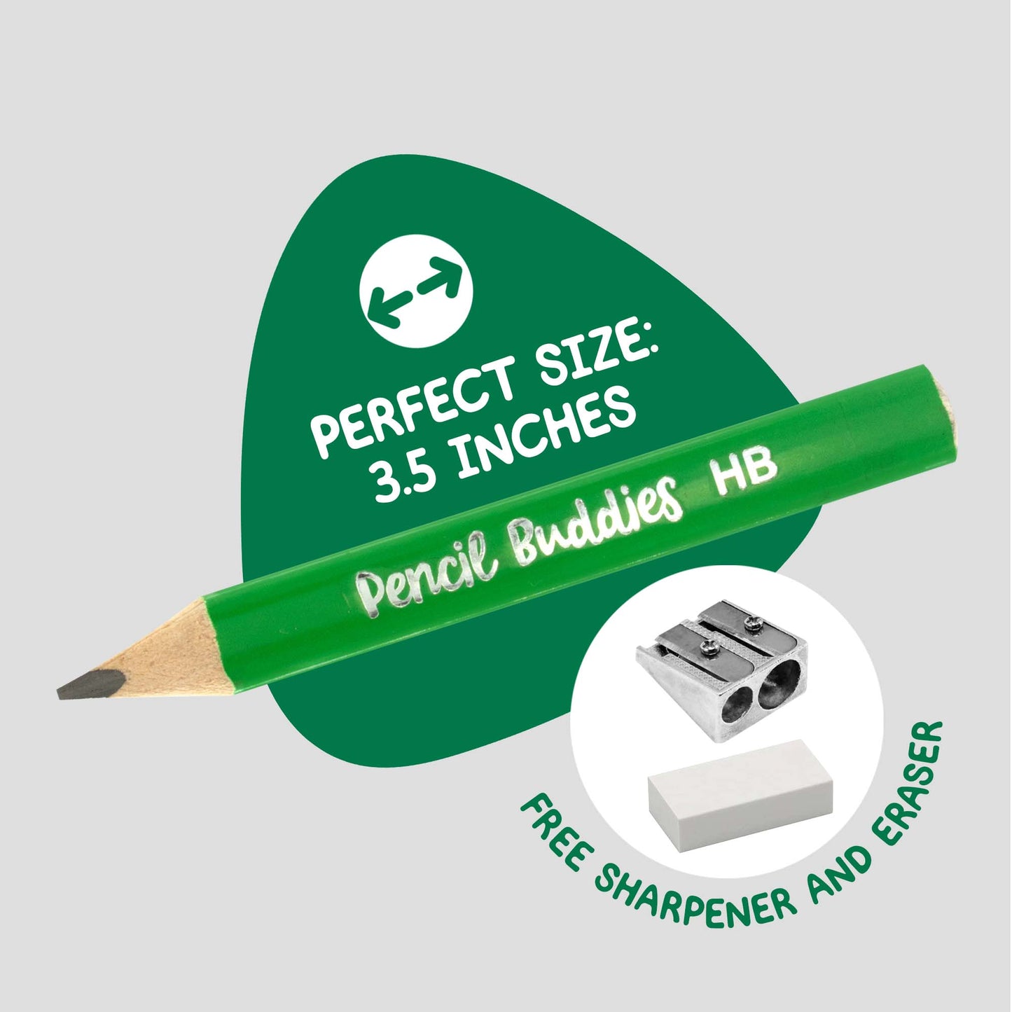 Short & Fat 3.5” Triangular Pencils – Thick 3MM Core + Sharpener + Eraser (Set of 12) Green - Pencil Buddies