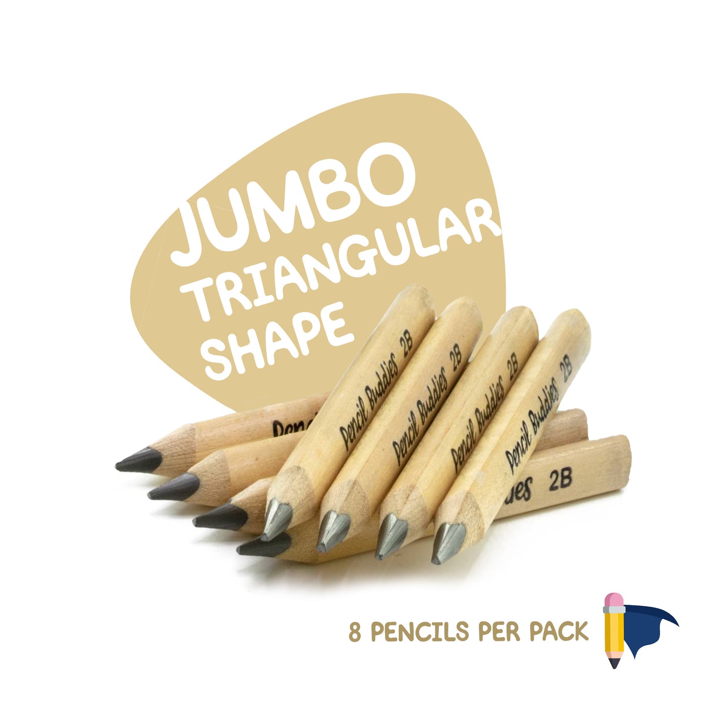 Short & Fat 3.5” Triangular Pencils – 5MM Core + Sharpener + Eraser (Set of 8) Natural Wood