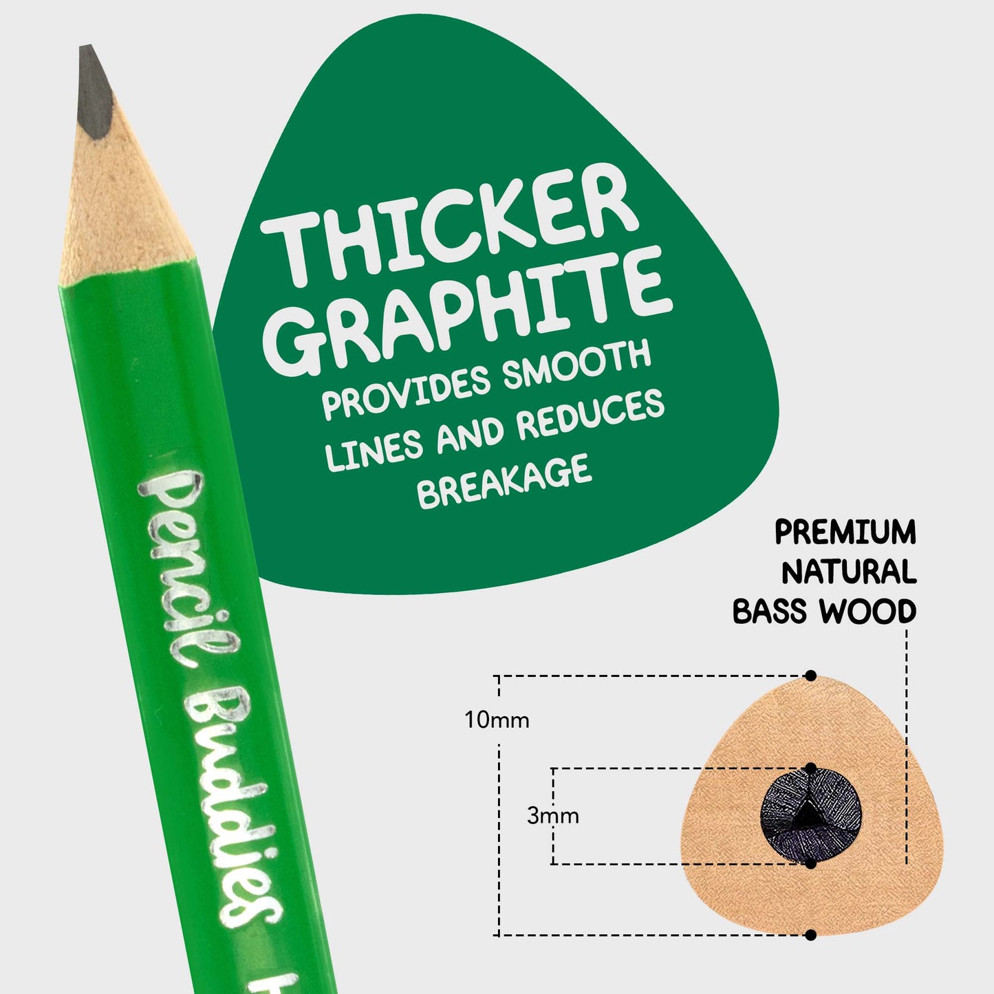 Short & Fat 3.5” Triangular Pencils – Thick 3MM Core + Sharpener + Eraser (Set of 12) Green - Pencil Buddies