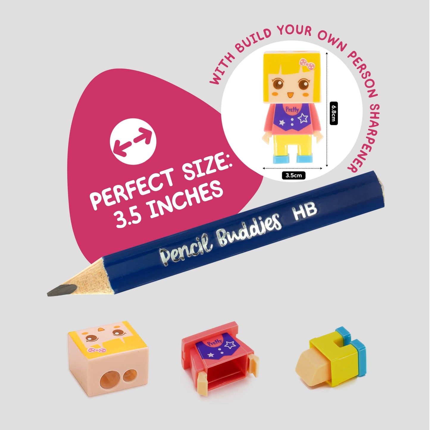 Short & Fat 3.5” Triangular Pencils – 3MM Core (Set of 12 w/ Buddy Sharpener) Multi-Color