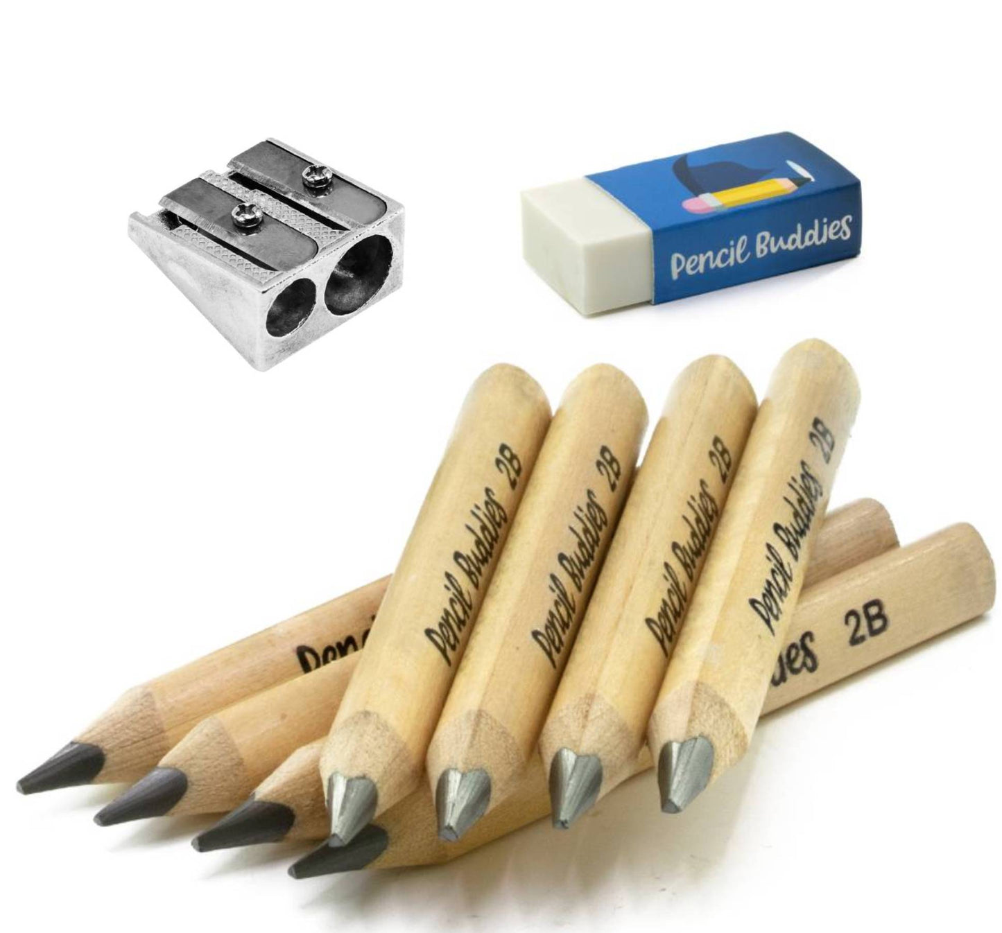 Short & Fat, Triangular Kids Pencils w/ Sharpener & Eraser 3MM Core(Set of 8) Natural Wood - Pencil Buddies