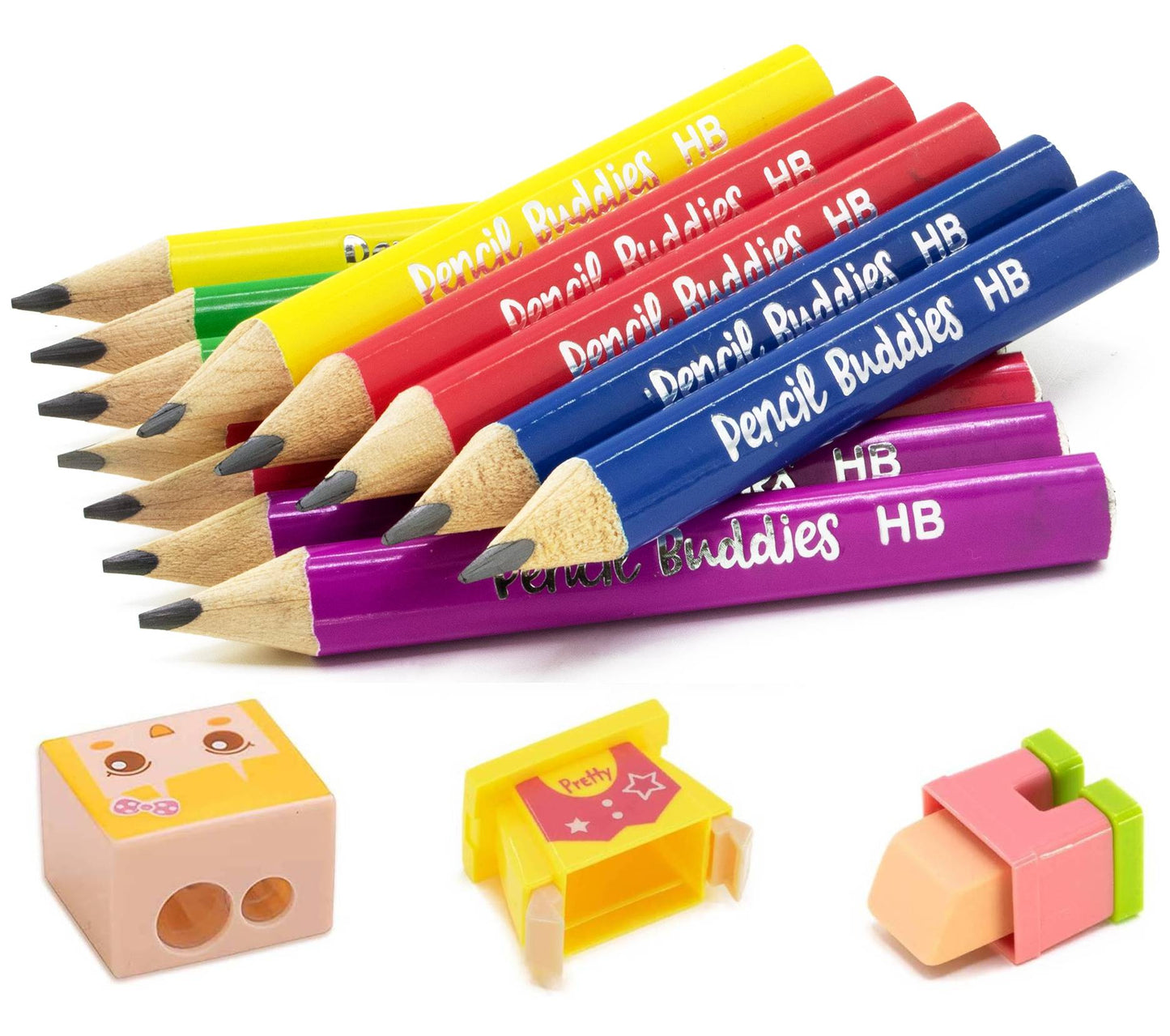 Jumbo Short Triangular Kids Pencils (Set of 12 w/ Buddy sharpener) Multi-Color - Pencil Buddies