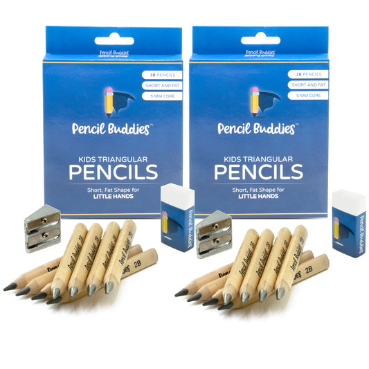 2-Pack Short & Fat 3.5" Triangular Pencils – Thick 5MM Core (Set of 8) Natural Wood - Pencil Buddies