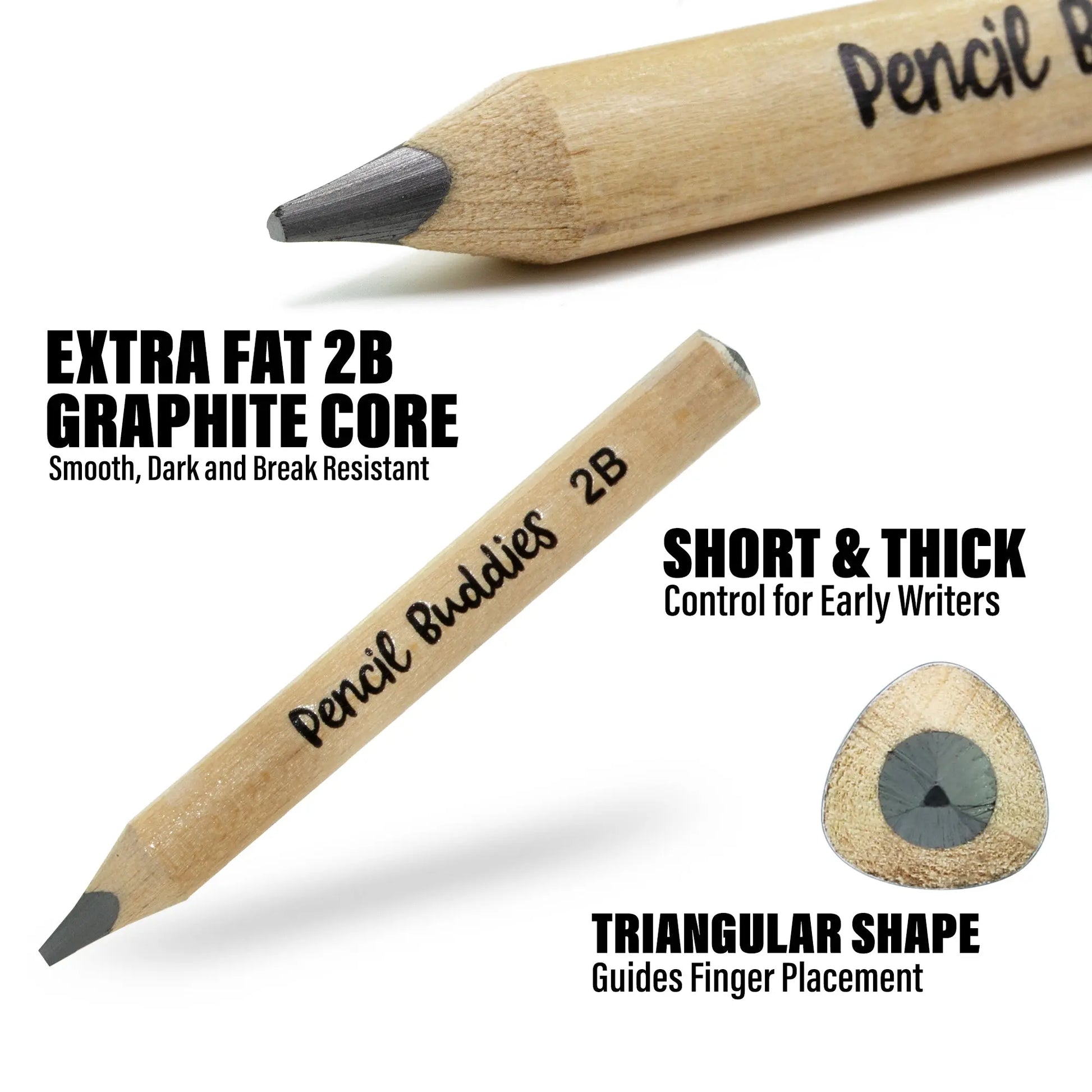 Short & Fat 3.5” Triangular Pencils – 5MM Core + Sharpener + Eraser (Set of 8) Natural Wood - Pencil Buddies